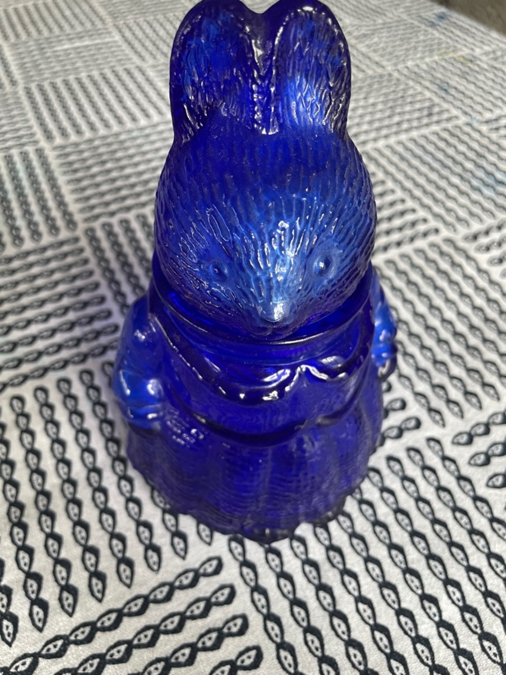Cobalt Blue glass mother  Bunny with apron Figurine  jar